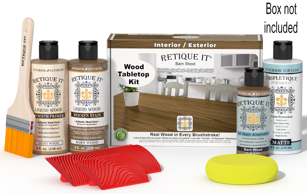 Retique It® Barn Wood Wood Tabletop Kit with Light Wood primer, Barn Wood stain, Barn Wood gel stain alternative, Matte Tripletique® Top Coat, brush, red graining tool, yellow sponge, and product box.