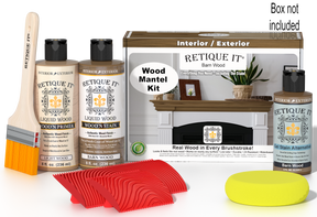 Retique It Fireplace Mantel Wood'n Finish Kit in Barn Wood stain showing a finished wooden mantel with rustic barn wood appearance.