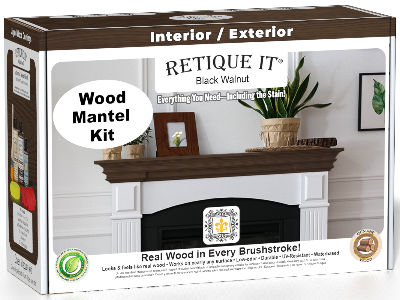 Retique It Wood'n Finish Kit in Black Walnut stain for fireplace mantels, showing the box and stain application.