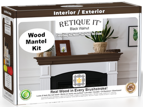 Retique It Wood'n Finish Kit in Black Walnut stain for fireplace mantels, showing the box and stain application.