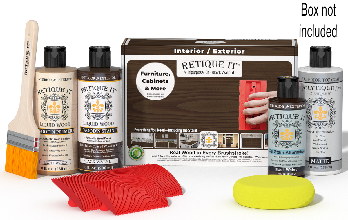 Retique It Wood'n Kit in Black Walnut for exterior wood finishing, including top coat and application tools, displayed in box.