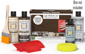 Retique It® Wood'n Kit in Black Walnut for exterior wood finishing, including top coat and application tools, displayed in box.