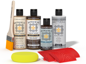 Retique It® Wood'n Finish Kit in Black Walnut with exterior top coat, includes brushes and finishing tools for wood projects