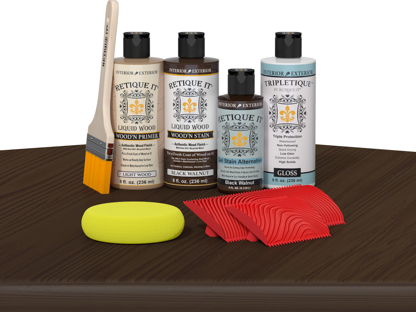 Retique It® Wood'n Finish Kit in Black Walnut stain for tabletops, featuring wood stain bottles and finishing supplies.