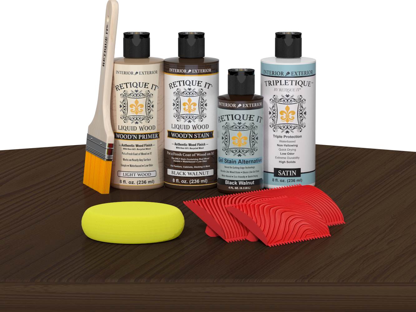 Black Walnut Wood'n Finish Kit by Retique It® with interior top coat, displayed on a table with wood sample and tools.