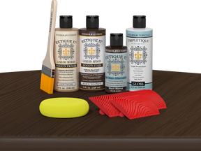 Retique It® Black Walnut Wood'n Kit with Gloss TripleTique® includes a brush, Light Wood primer, Black Walnut stain, Black Walnut Gel Stain Alternative, Gloss TripleTique® top coat, a yellow sponge, and a red graining tool.