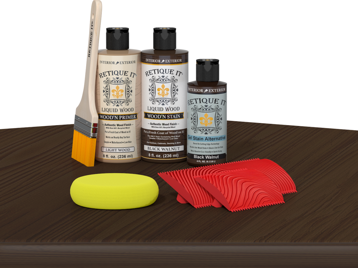 Retique It® Wood'n Finish Kit in Black Walnut stain displayed on a table, showcasing the wood stain product for fireplace mantels.