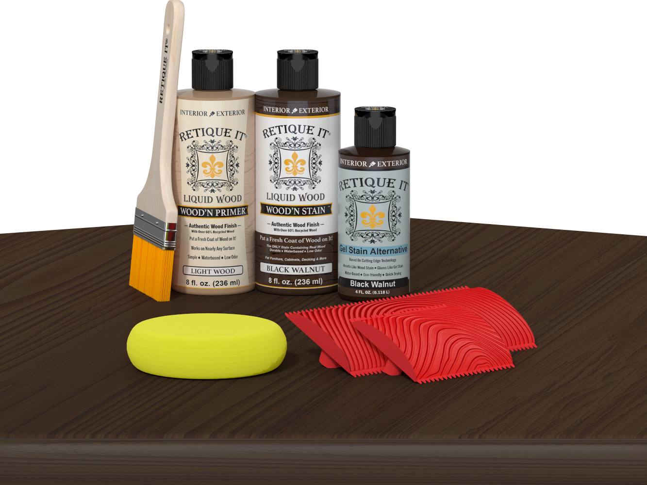 Retique It Wood'n Finish Kit in Black Walnut stain displayed on a table, showcasing the wood stain product for fireplace mantels.