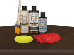 Retique It Wood'n Finish Kit in Black Walnut stain displayed on a table, showcasing the wood stain product for fireplace mantels.
