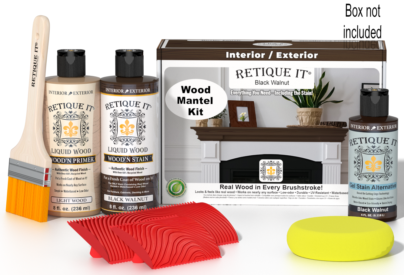 Retique It Black Walnut wood stain kit for fireplace mantels, featuring a wooden box and stain samples.