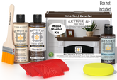 Retique It Black Walnut wood stain kit for fireplace mantels, featuring a wooden box and stain samples.