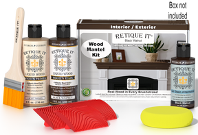 Retique It Black Walnut wood stain kit for fireplace mantels, featuring a wooden box and stain samples.