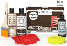 Retique It® Wood'n Finish Kit in Black Walnut for multi-purpose wood finishing, shown with included components in a box.