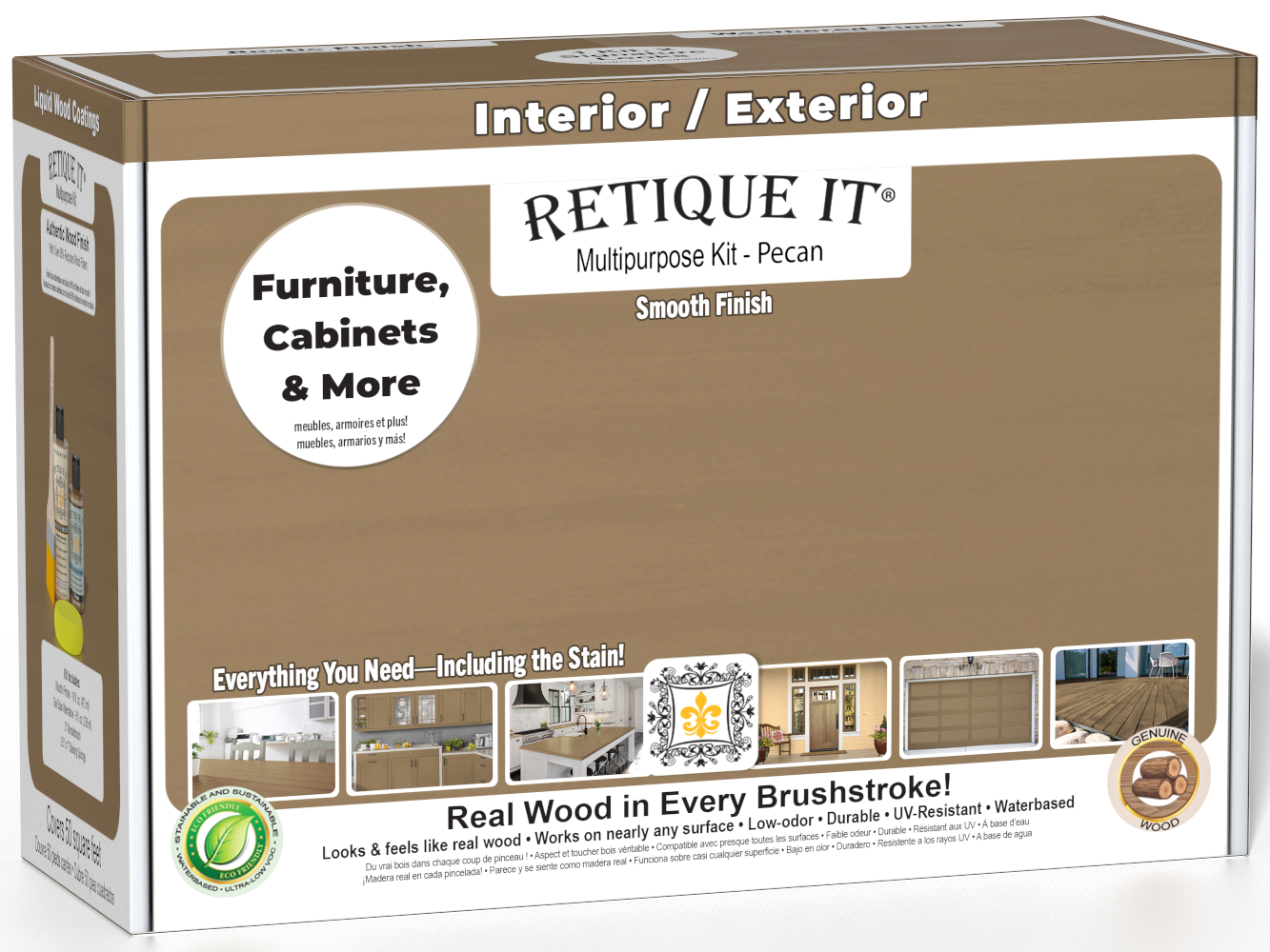 Retique It® Multi-purpose Smooth Finish Kit in Pecan for interior wood projects, includes top coat with a matte finish.