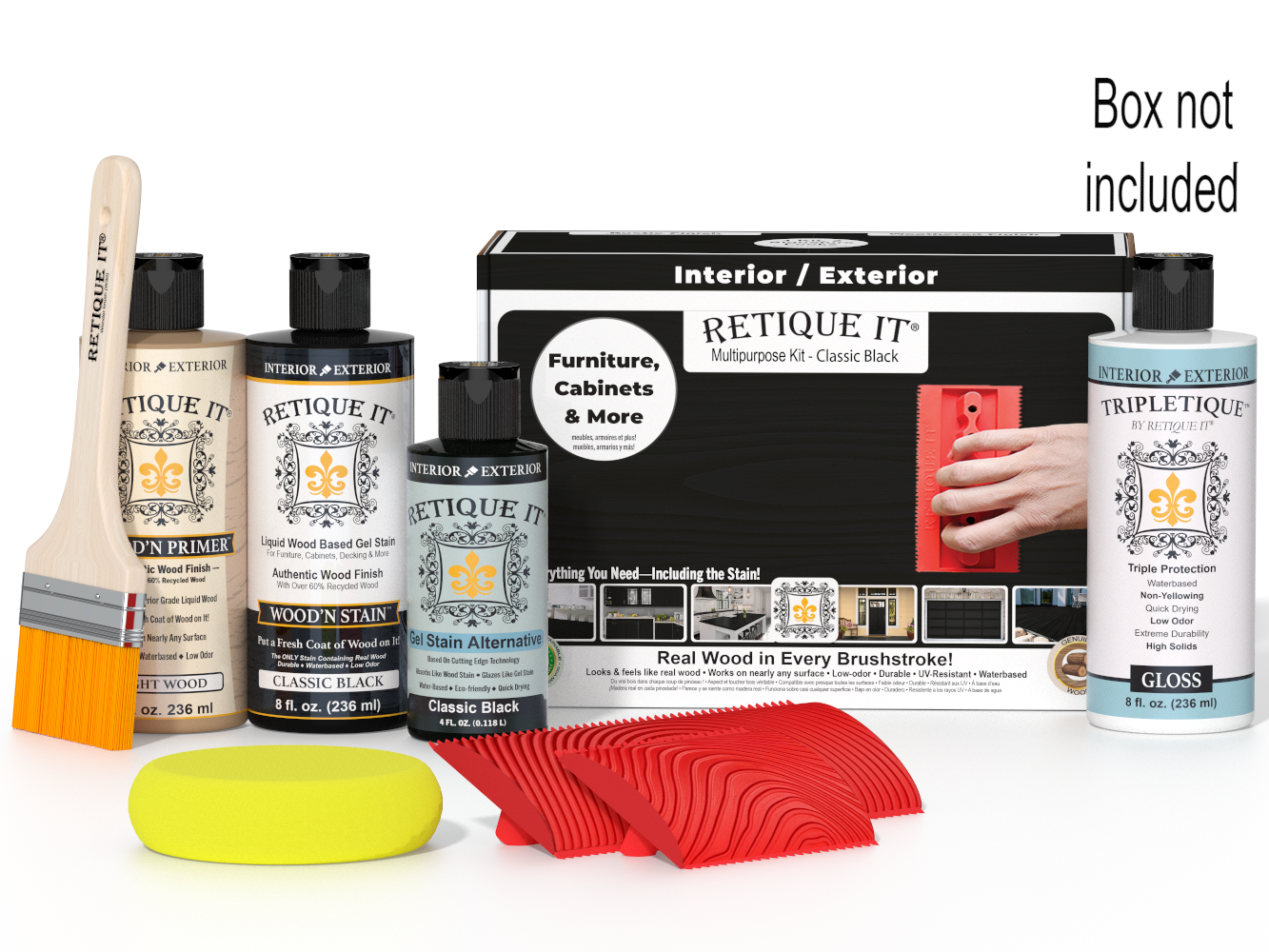 Retique It® Wood'n Finish Kit Classic Black interior top coat set with wood finish products in a box.