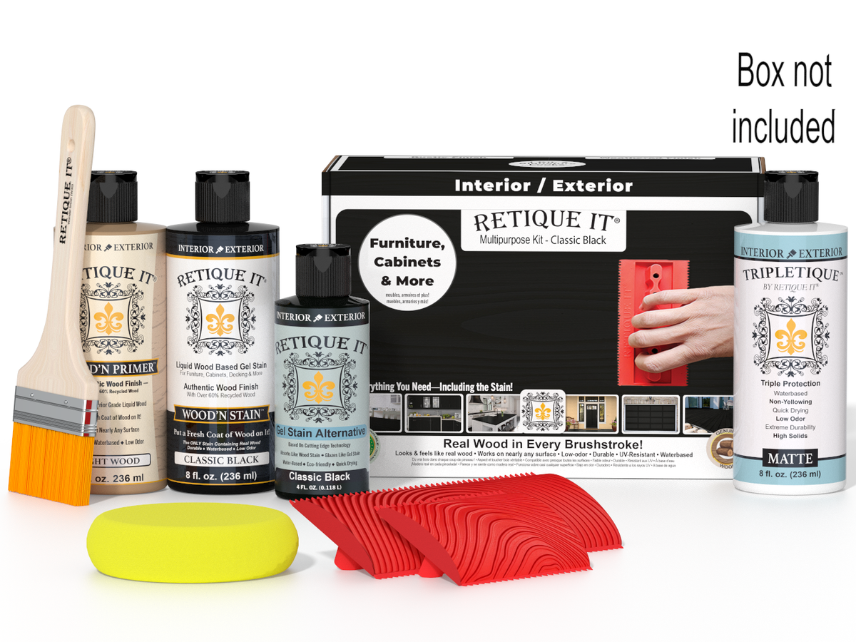 Retique It Wood'n Finish Kit in Classic Black for interior wood projects, featuring top coat application in a compact box.