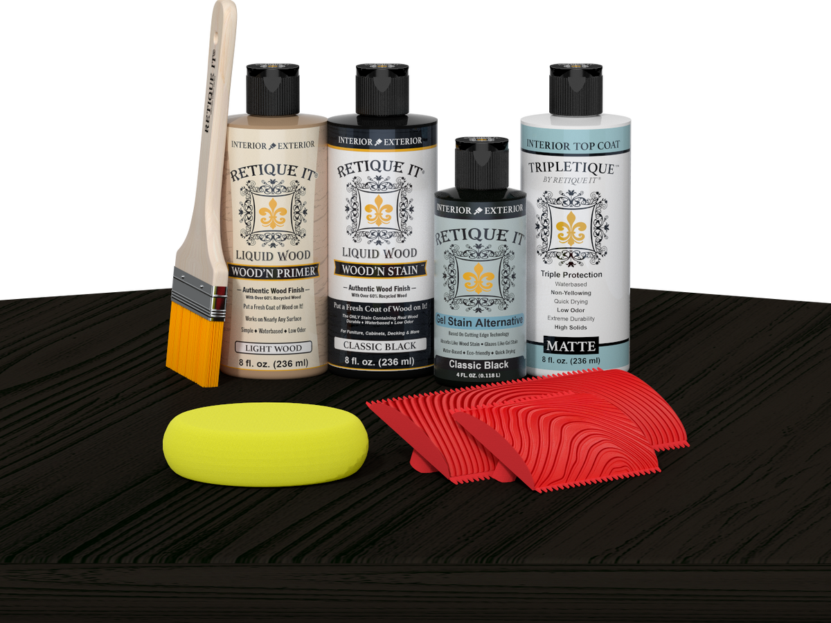 Retique It® Classic Black Wood'n Kit with Light Wood primer, Classic Black stain, Classic Black gel stain alternative, Matte Tripletique® Top Coat, brush, red graining tool, and yellow sponge.