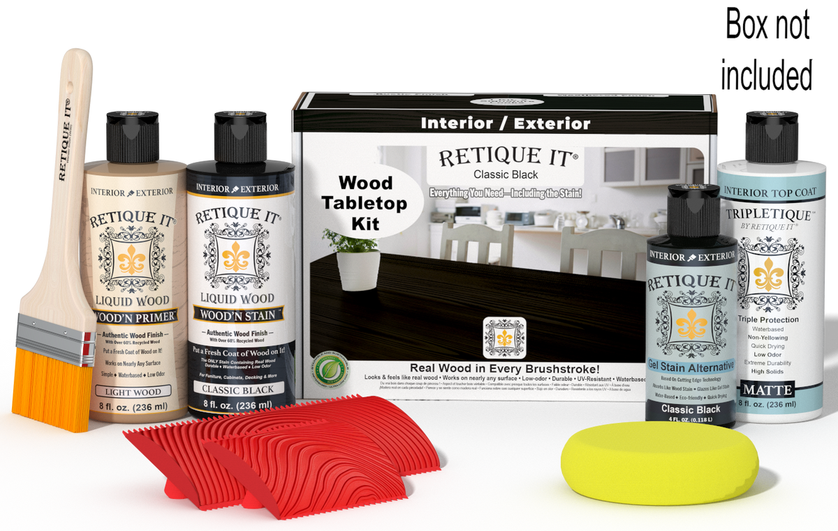 Retique It® Classic Black Wood Tabletop Kit with Light Wood primer, Classic Black stain, Classic Black gel stain alternative, Matte Tripletique® Top Coat, brush, red graining tool, yellow sponge, and product box.