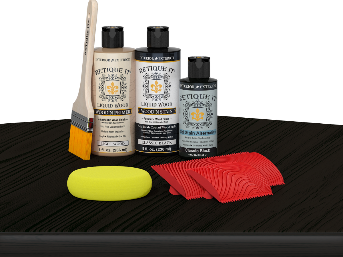 Retique It Wood'n Kit Classic Black finish, multi-purpose wood finishing kit displayed on a table.