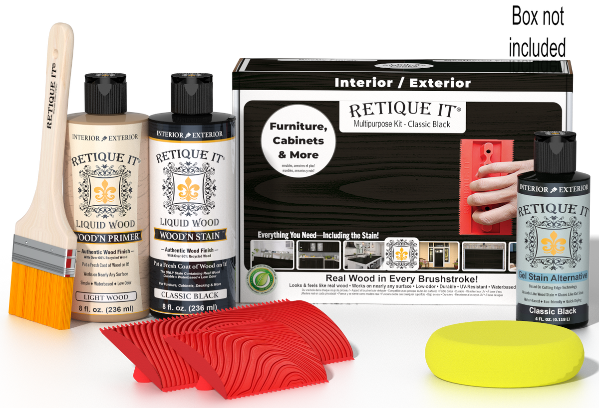 Retique It Wood'n Kit Classic Black finish set with brushes and instructions for multi-purpose wood finishing.