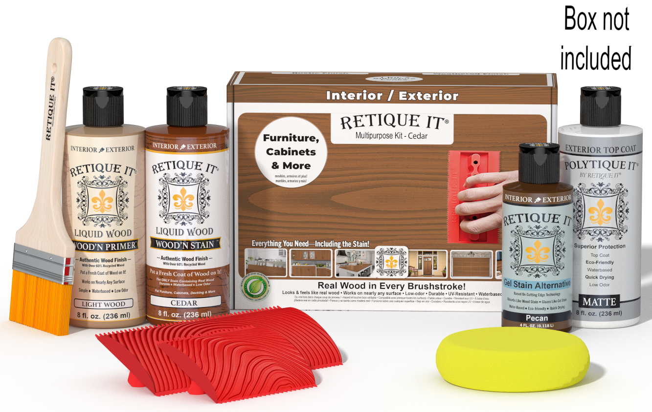 Retique It® Wood'n Finish Kit in cedar for exterior top coat, includes brushes and wood treatment products in a compact box.