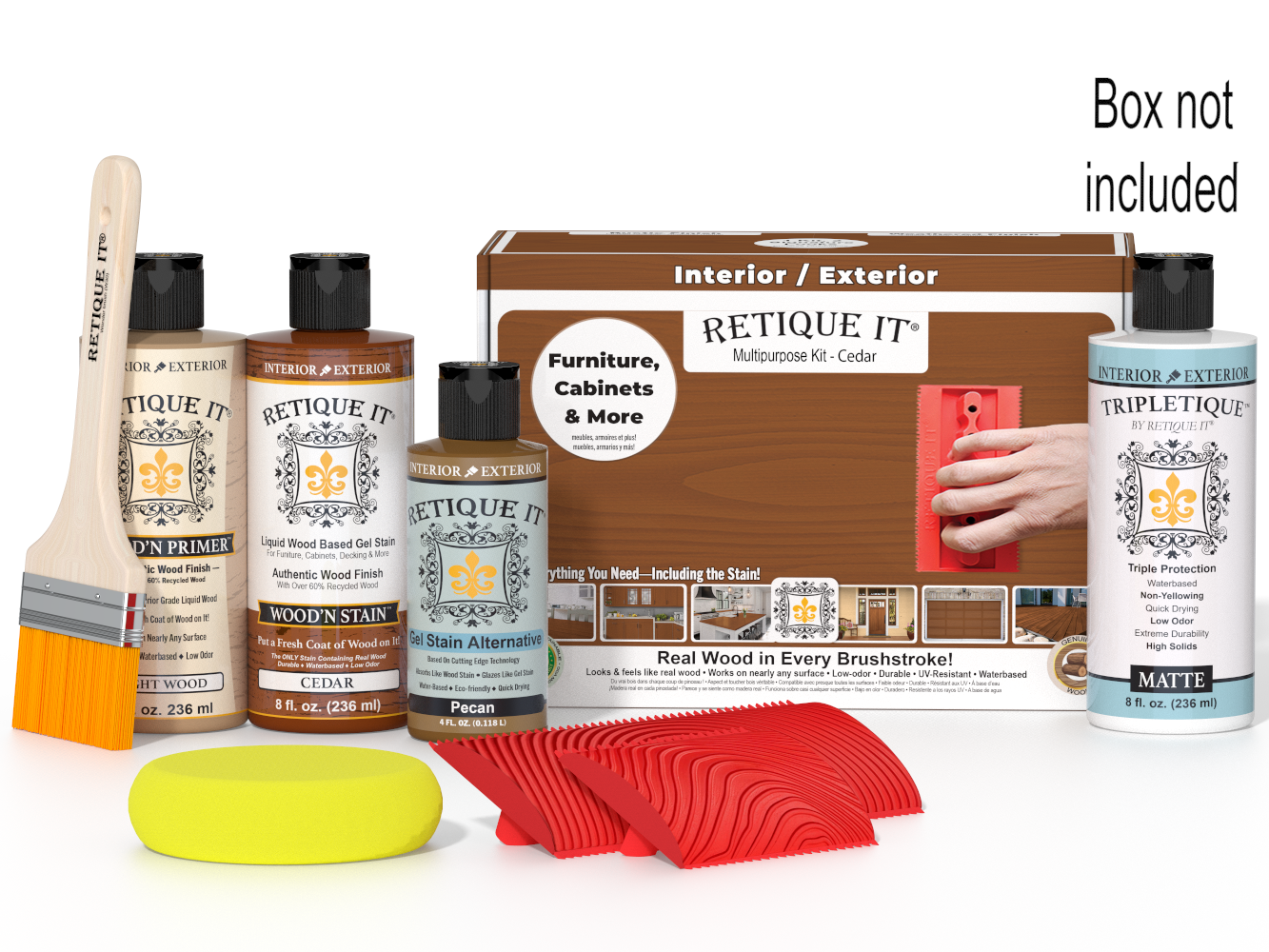 Retique It® Wood'n Kit Cedar interior top coat with wood finish supplies, includes brushes and protective sealant in a boxed set.