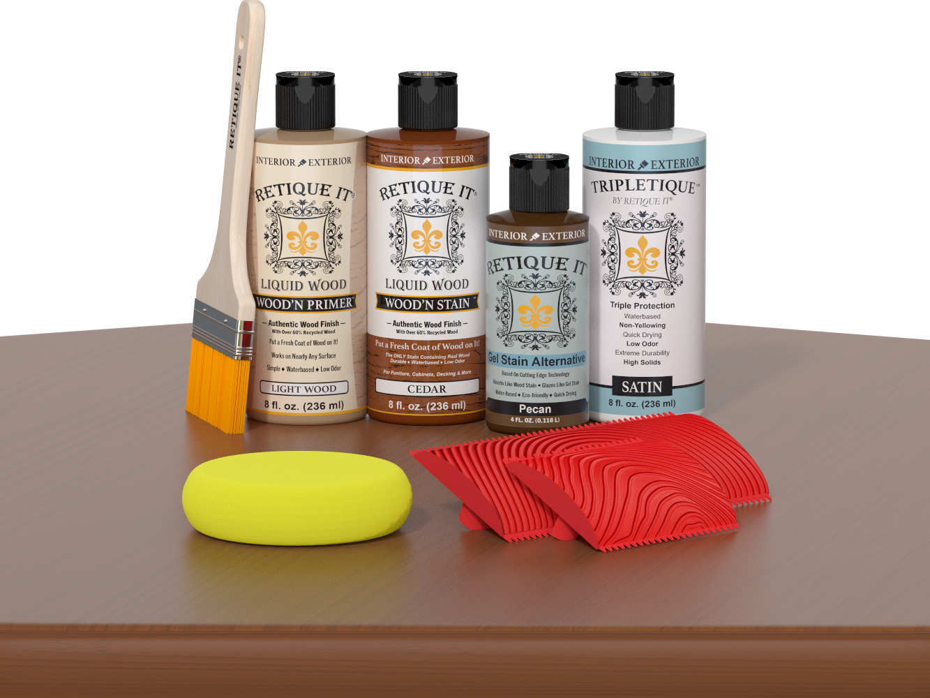 Retique It® Wood'n Kit cedar interior top coat applied on table with wood finish and protective layer, showcasing natural wood grain.