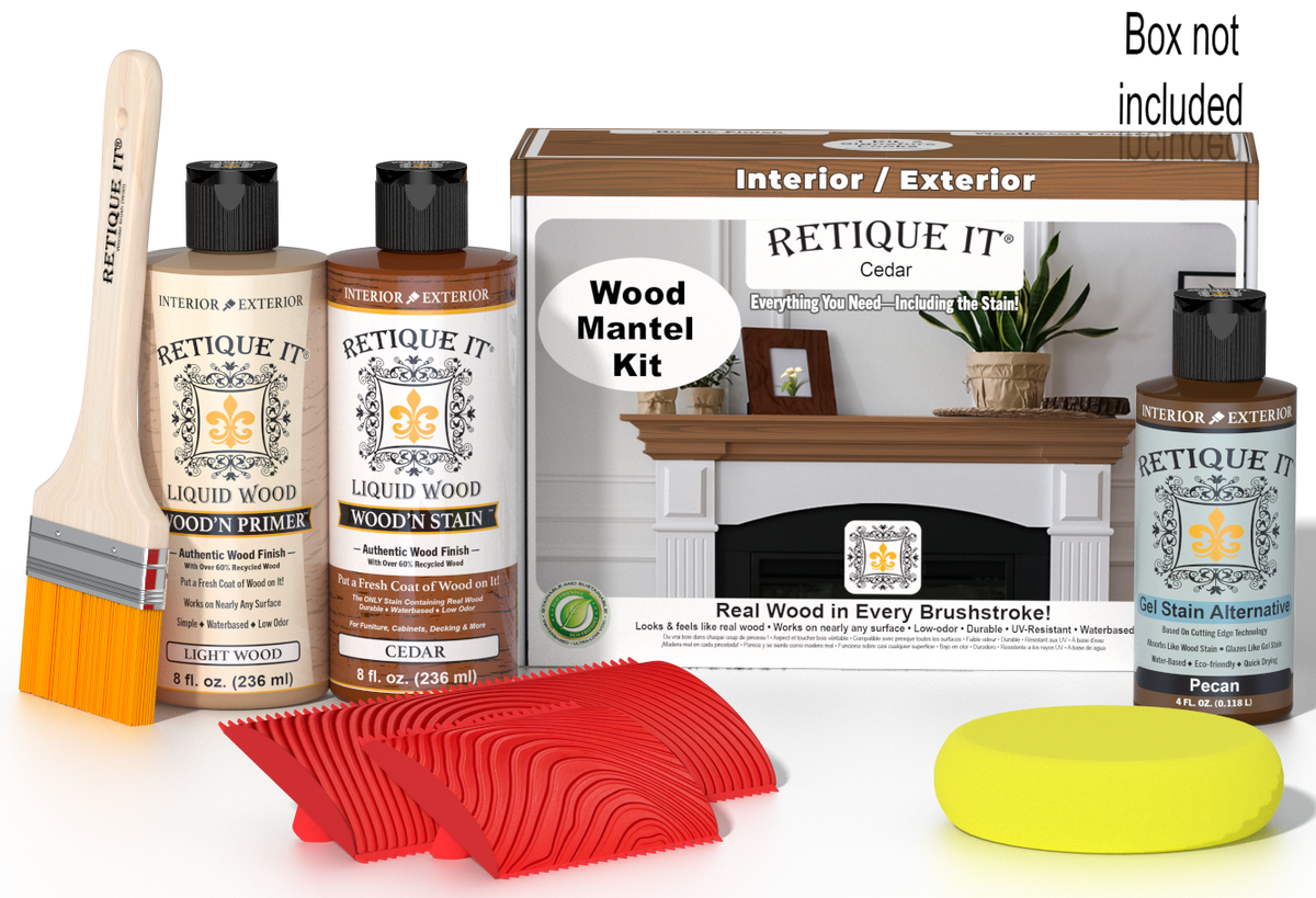 Retique It® Cedar wood finish kit for fireplace mantels, featuring stains and application tools in the image.