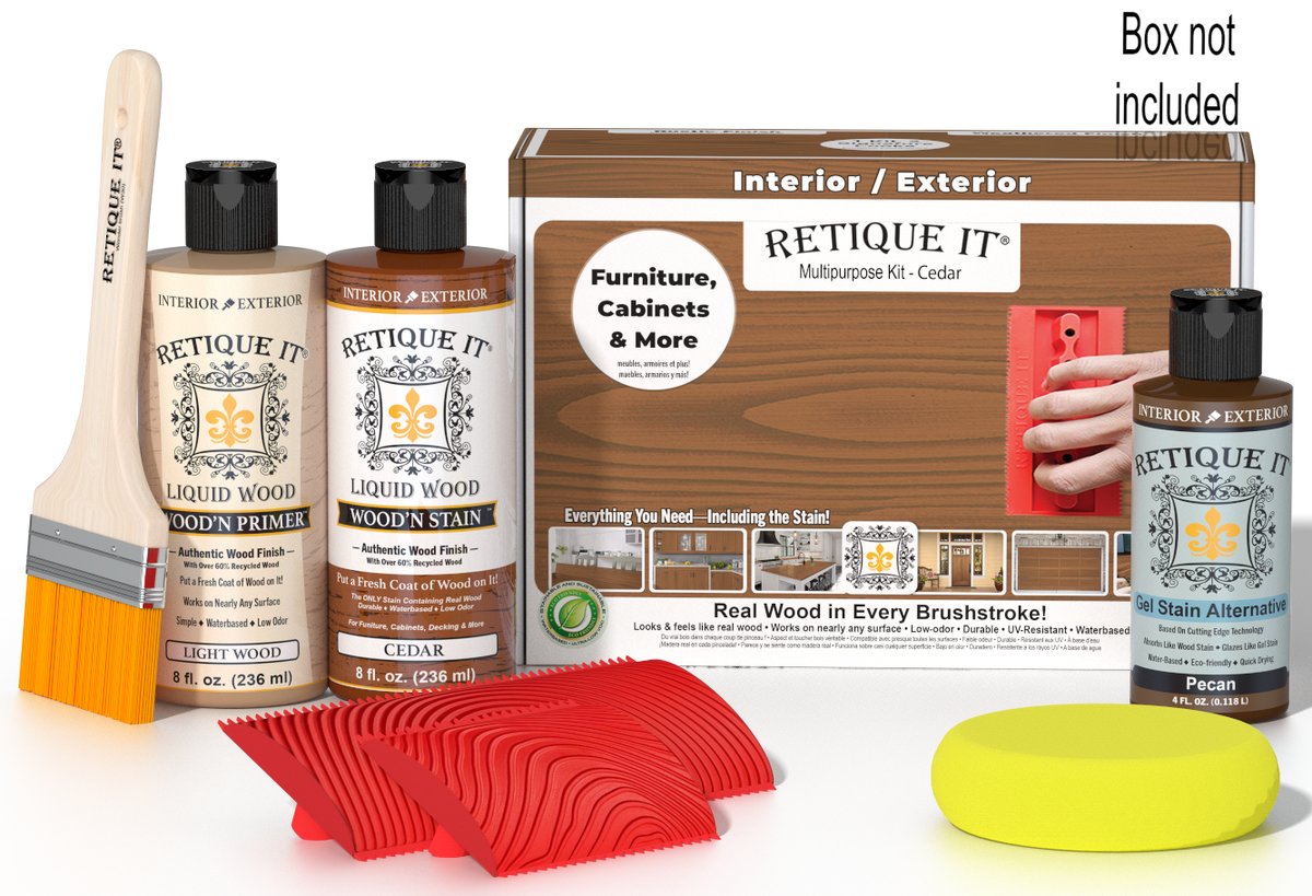 Retique It Wood'n Finish Kit in cedar color with wooden box, multi-purpose wood finishing set for furniture and projects.