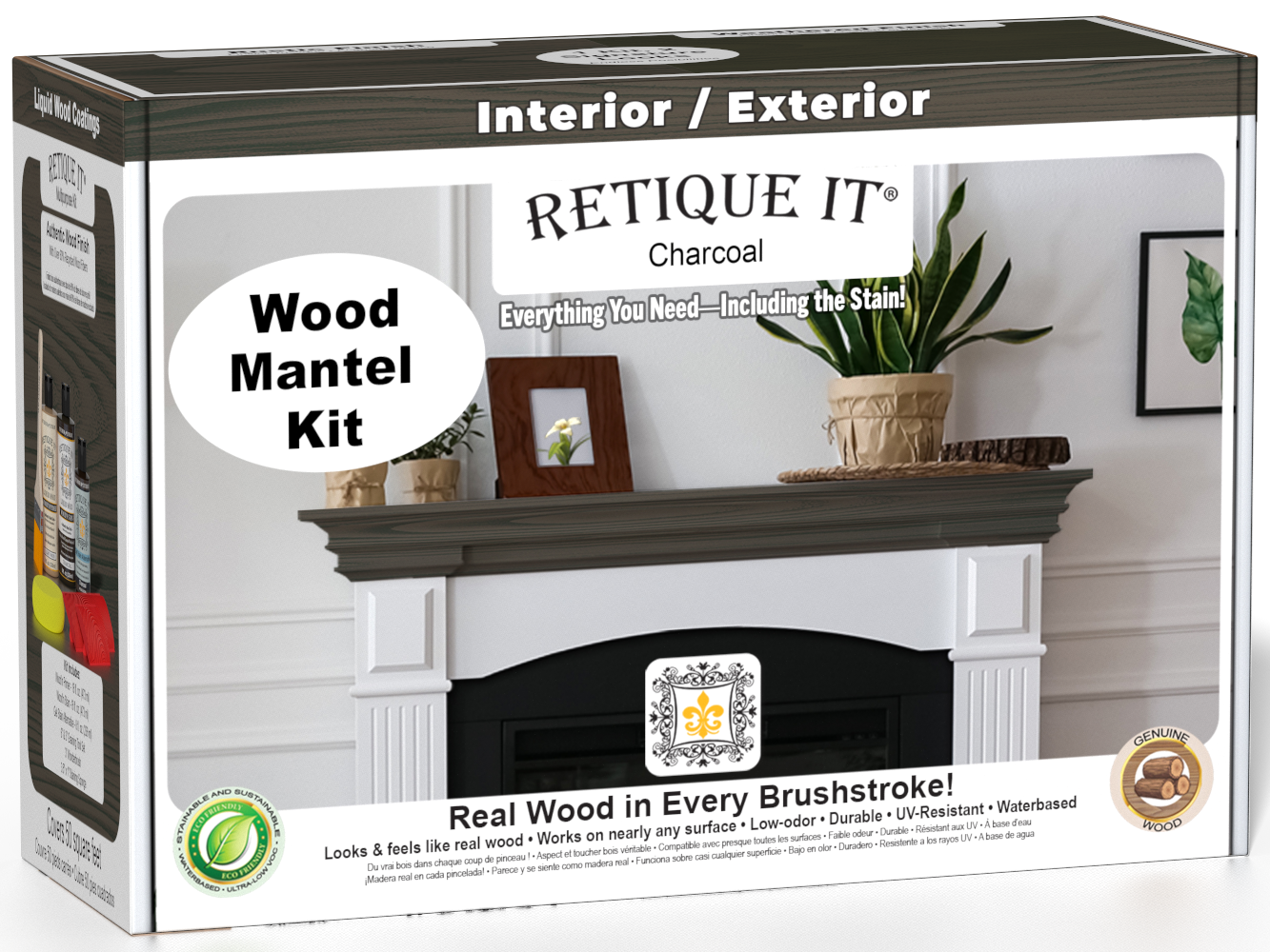 Retique It Wood'n Finish Kit for fireplace mantels in charcoal stain, includes wood stain and finishing supplies.