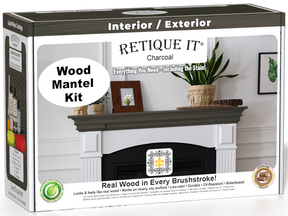 Retique It Wood'n Finish Kit for fireplace mantels in charcoal stain, includes wood stain and finishing supplies.