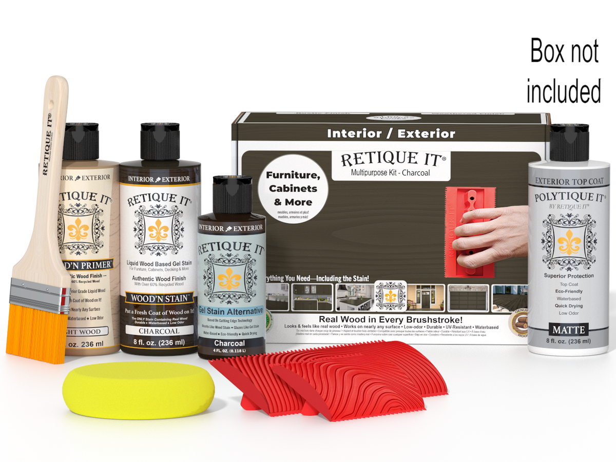 Retique It Wood'n Finish Kit in Charcoal with exterior top coat, multi-purpose wood finish kit in a box.