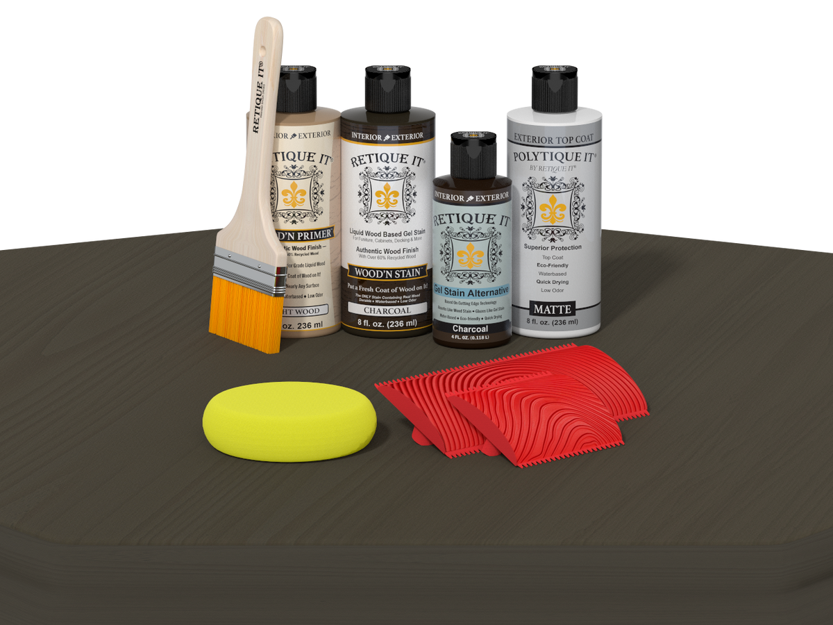 Retique It Wood'n Finish Kit in charcoal for exterior wood projects, shown on a table with tools and wood surface.
