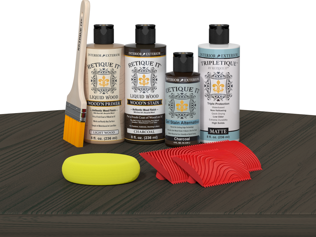 Retique It® Wood'n Finish Kit in Charcoal for tabletops, featuring stain bottles and applicators on a wooden surface.
