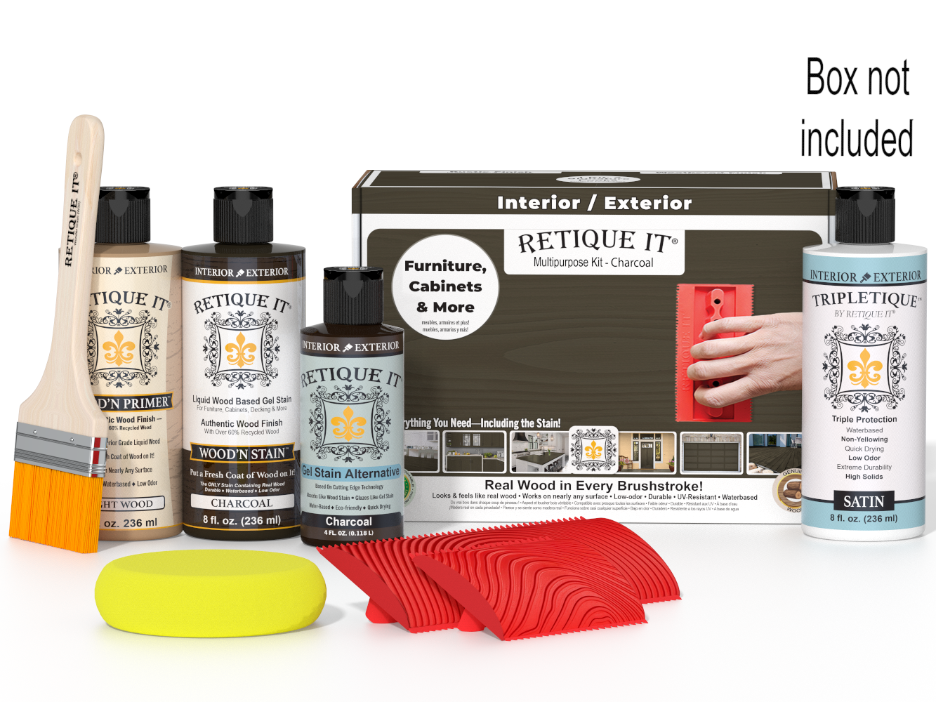 Retique It® Wood'n Finish Kit in charcoal for interior wood projects, includes top coat and application supplies in a compact box.