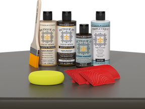 Retique It® Wood'n Finish Kit in charcoal for interior wood projects, featuring a multi-purpose top coat and application tools.