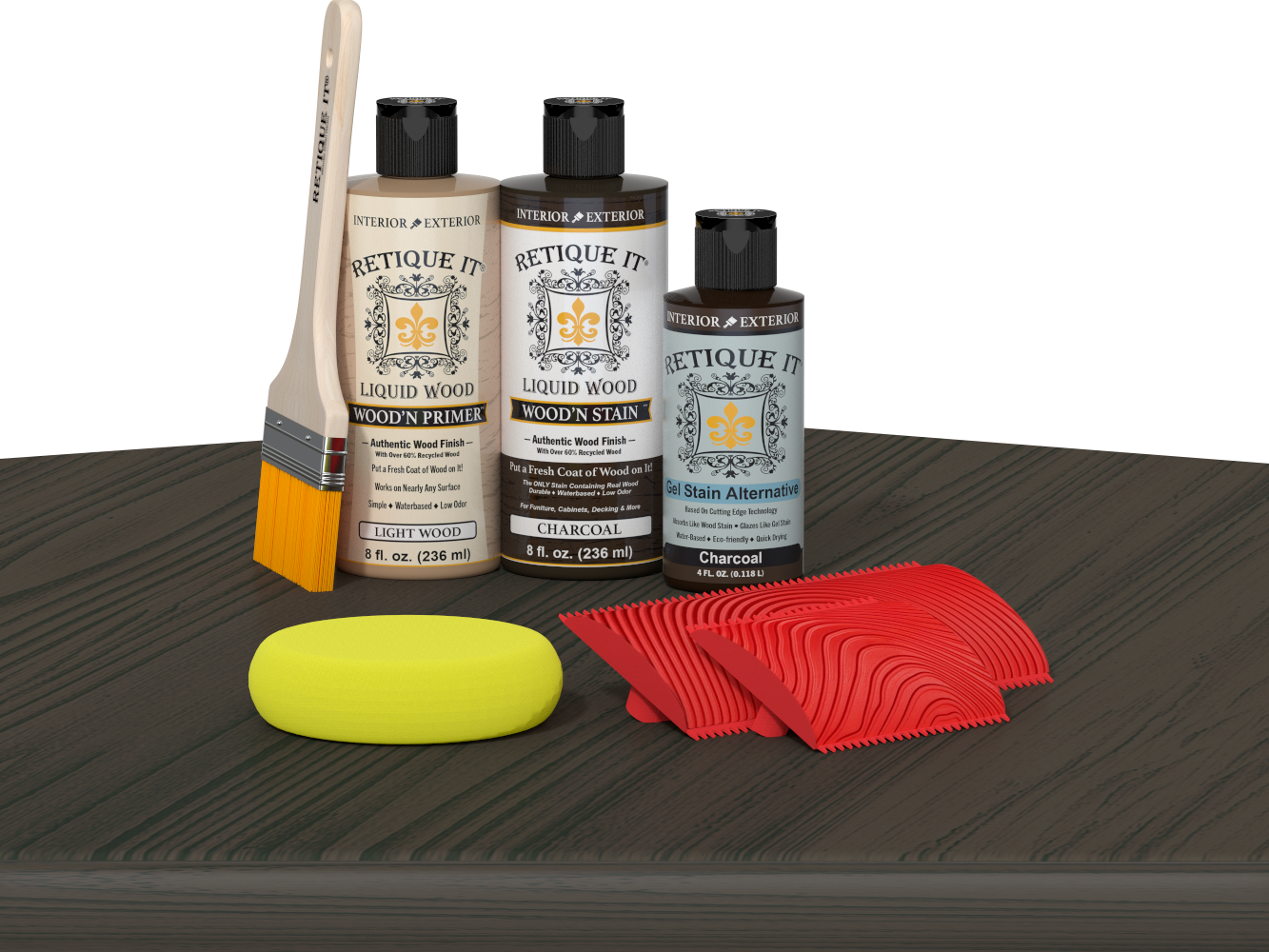Retique It Fireplace Mantel Wood'n Finish Kit in Charcoal stain, showing wood sample with dark charcoal-colored finish.