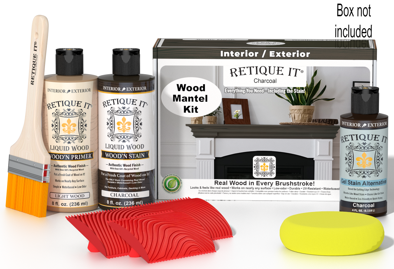 Retique It Wood'n Finish Kit in Charcoal stain for fireplace mantels, includes stain and application tools, shown in box.