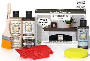 Retique It Wood'n Finish Kit in Charcoal stain for fireplace mantels, includes stain and application tools, shown in box.