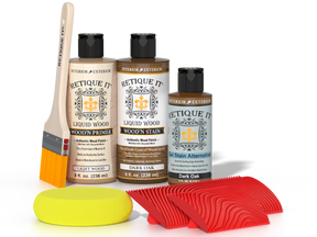 Retique It® Wood'n Kit in Dark Oak finish, multi-purpose wood finishing kit with applicators and wood stain in a 3D image.
