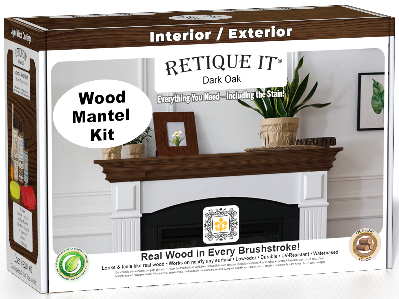 Retique It Fireplace Mantel Wood'n Finish Kit in dark oak stain, featuring wood stain and finishing supplies for fireplace mantels.
