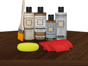Retique It® Wood'n Kit in Dark Oak with exterior top coat, showing a kit with wood finish supplies on a table.