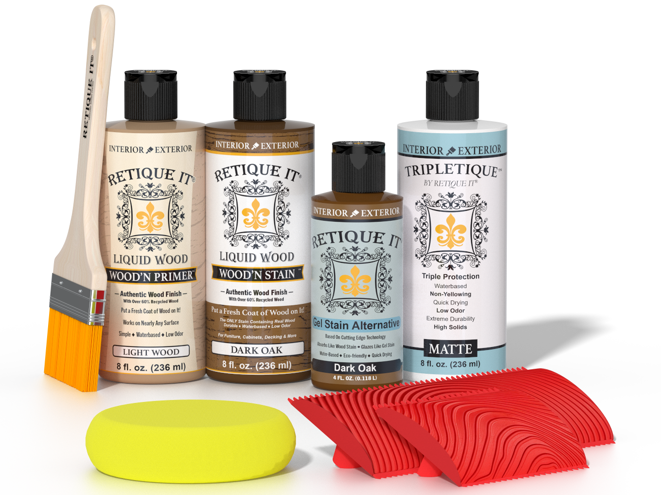 Retique It® Wood'n Finish Kit in Dark Oak stain, showing wood sample with dark oak finish and stain applicator brushes.