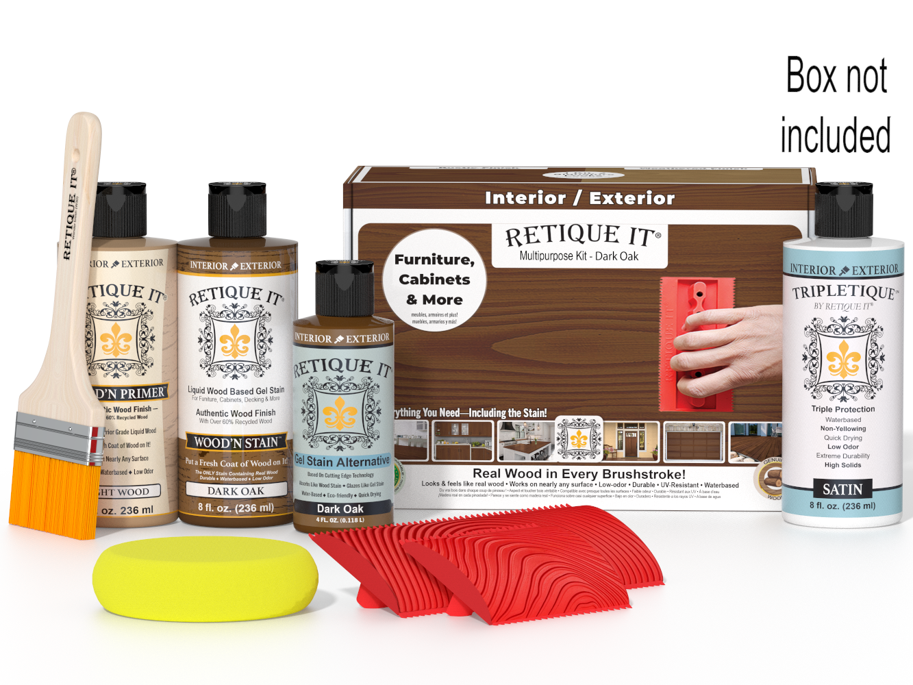 Retique It® Wood'n Finish Kit in Dark Oak, interior top coat, includes applicator and wood finish products in a box.