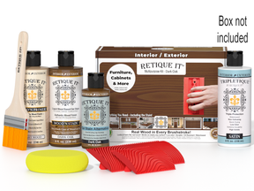 Retique It® Wood'n Finish Kit in Dark Oak, interior top coat, includes applicator and wood finish products in a box.