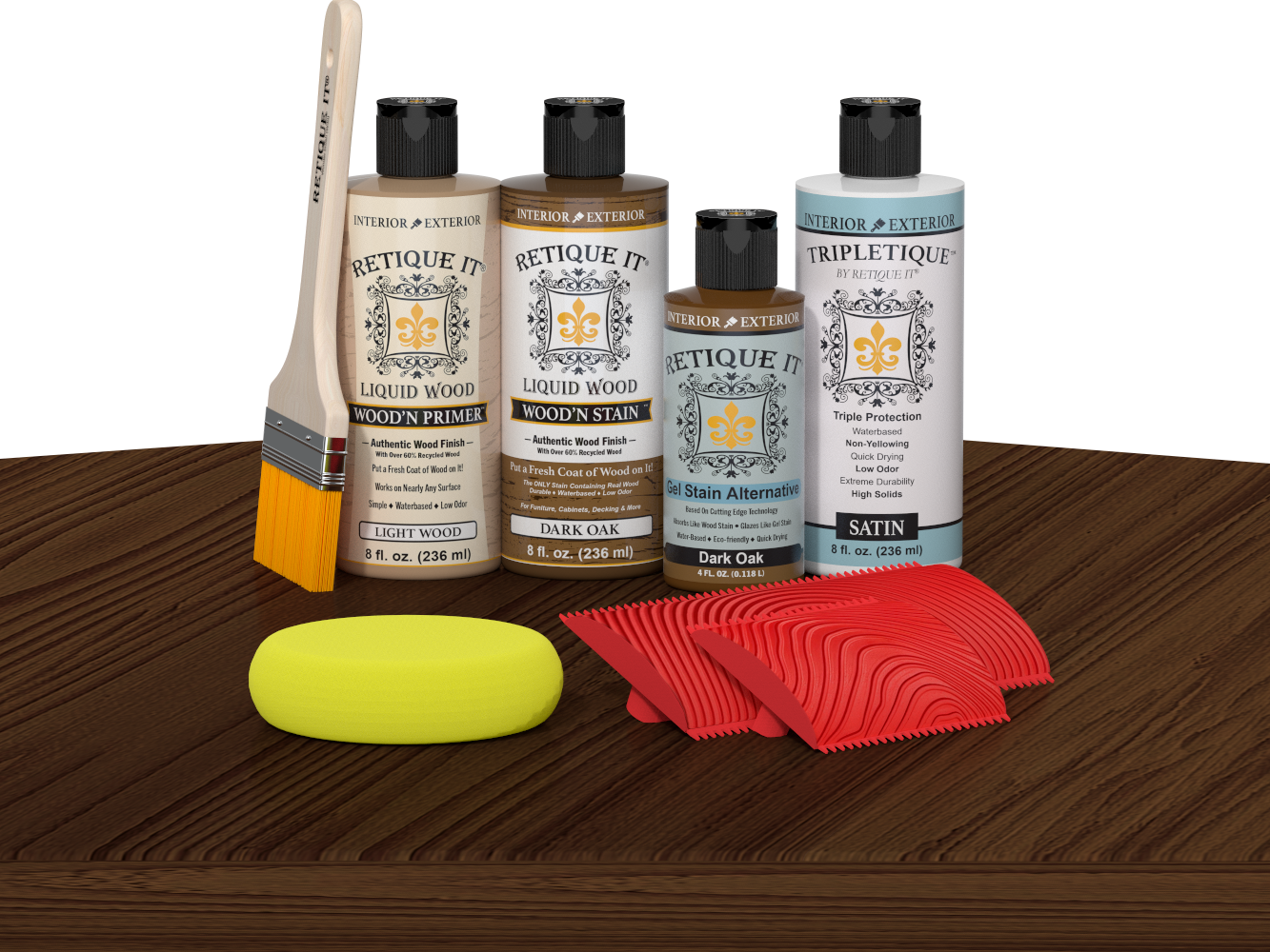 Retique It® Wood'n Finish Kit in Dark Oak stain, featuring a tabletop with dark oak wood finish and stain application tools.