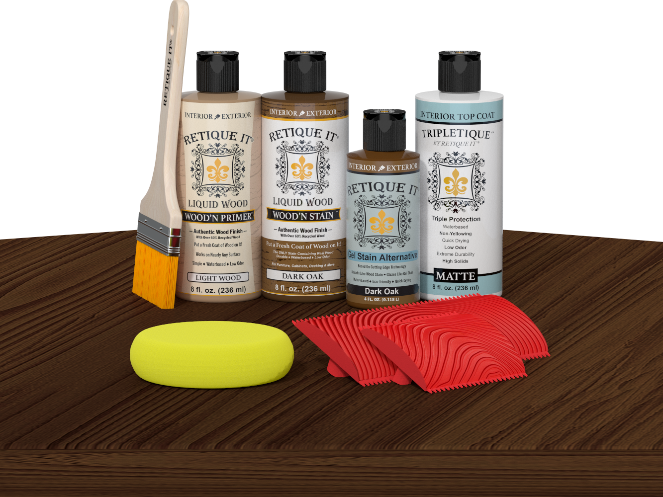 Retique It® Dark Oak Wood'n Kit with Light Wood Primer, Dark Oak Wood'n Stain, Matte TripleTique Top Coat, yellow sponge, red graining tool, and brush.