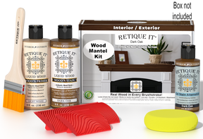 Retique It Fireplace Mantel Wood'n Finish Kit in Dark Oak stain, showing the wood finish and application tools in the box.