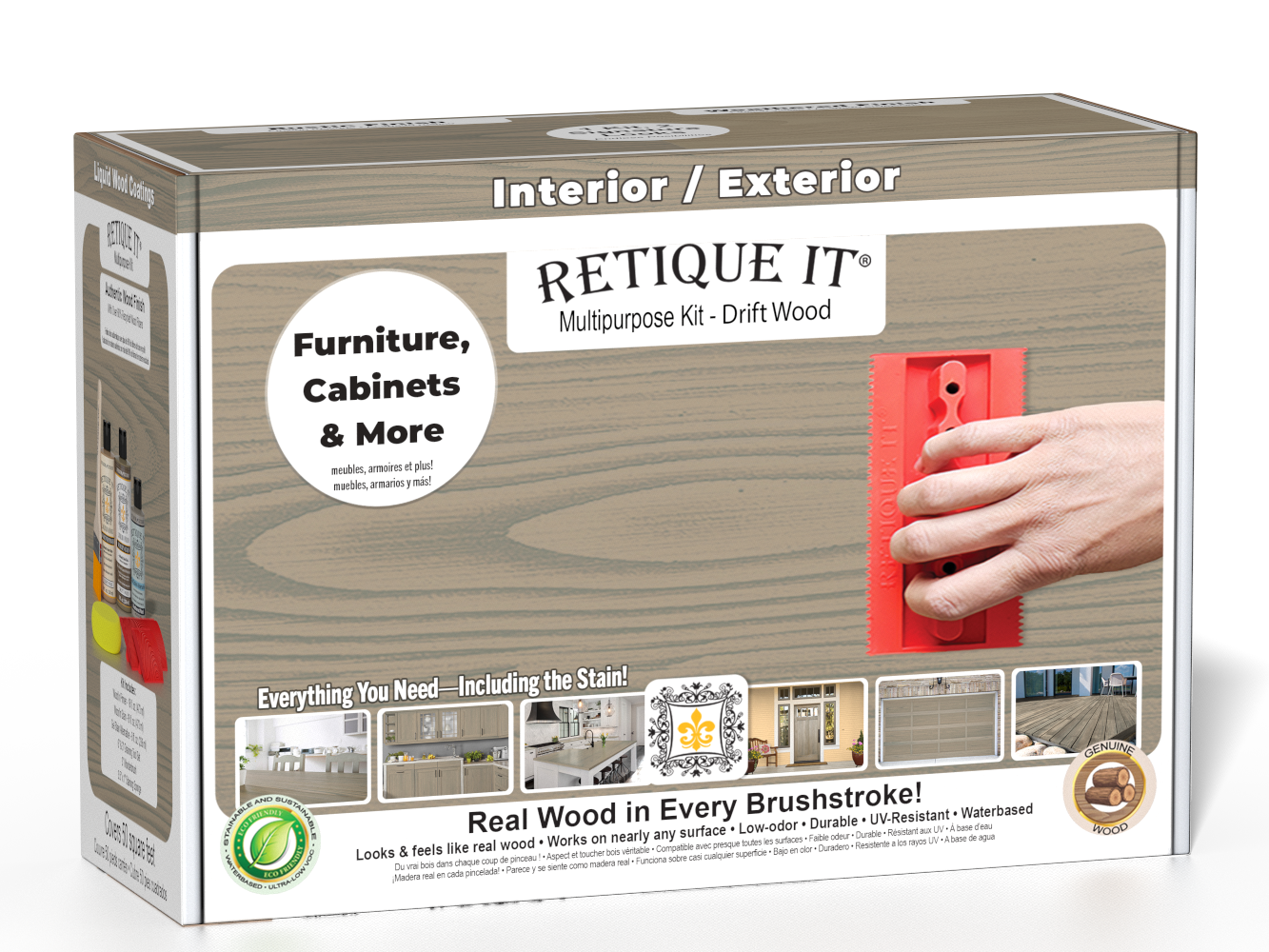 Retique It® Wood'n Finish Kit with driftwood exterior top coat, showing the kit's tools and wood finish application.