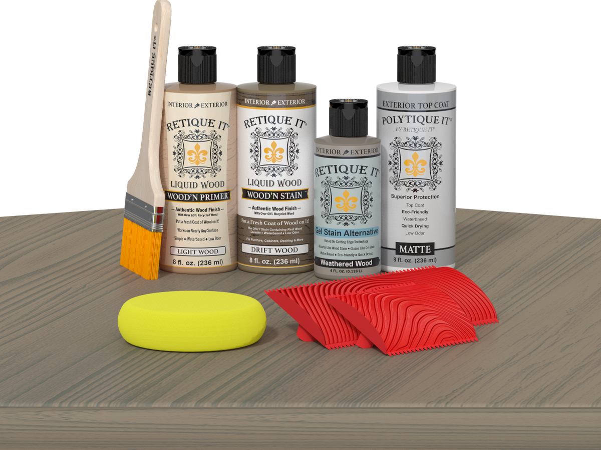 Retique It Wood'n Finish Kit in Drift Wood with exterior top coat, displayed on a table for multi-purpose wood finishing.